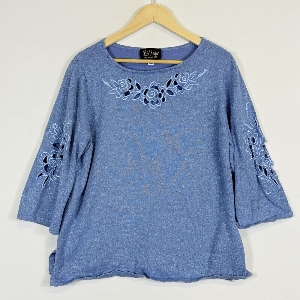 Bob Mackie Sweater Women XL Wearable Art Blue Glitter Glam Artsy Cut Out